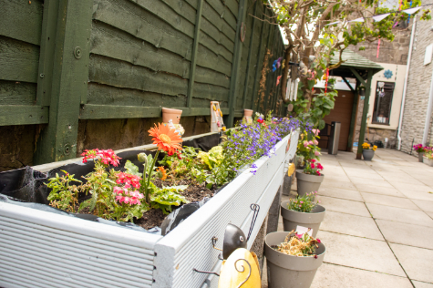 Raised planters in Stuart House's Garden